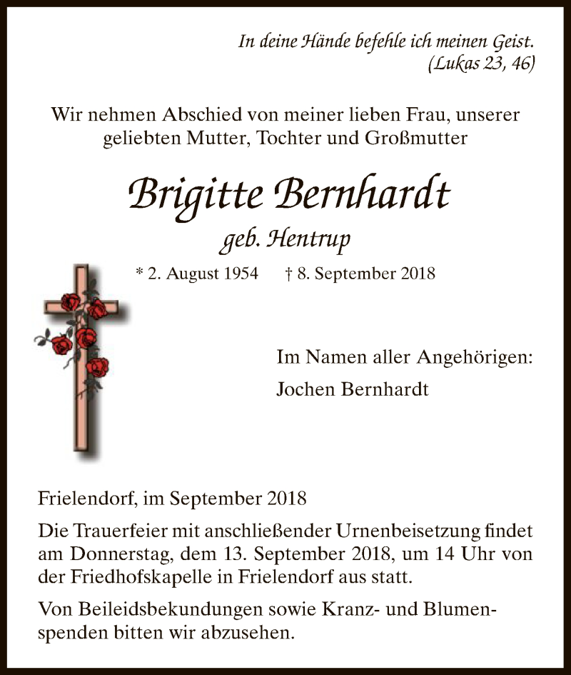  Traueranzeige für Brigitte Bernhardt vom 11.09.2018 aus HNA