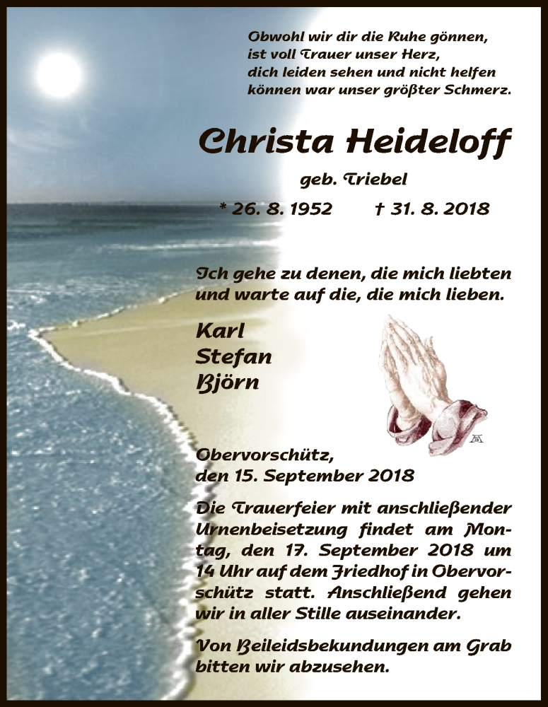  Traueranzeige für Christa Heideloff vom 15.09.2018 aus HNA