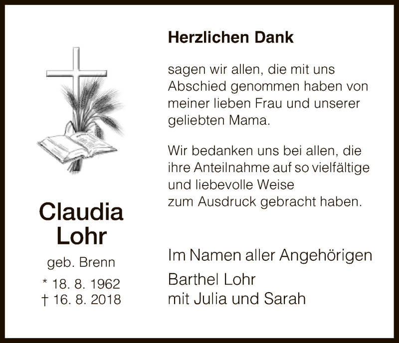  Traueranzeige für Claudia Lohr vom 22.09.2018 aus HNA