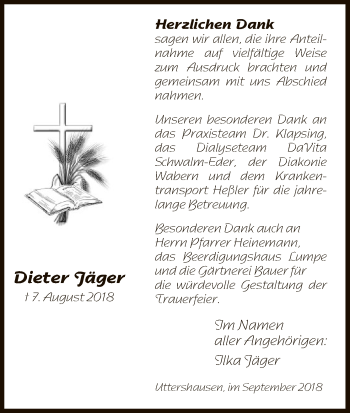 Traueranzeige von Dieter Jäger von HNA