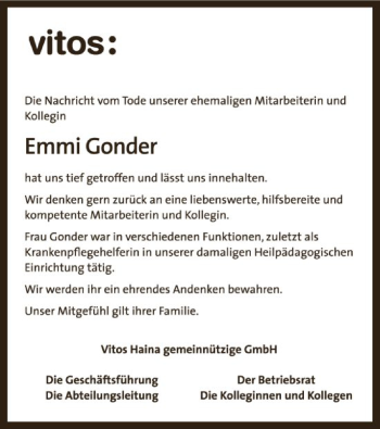 Traueranzeige von Emmi Gonder von HNA