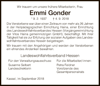 Traueranzeige von Emmi Gonder von HNA