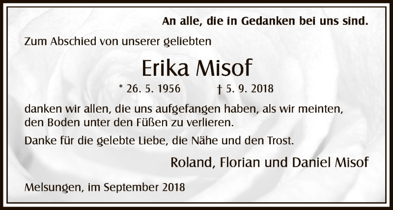  Traueranzeige für Erika Misof vom 28.09.2018 aus HNA