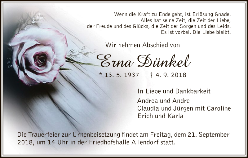  Traueranzeige für Erna Dünkel vom 15.09.2018 aus HNA