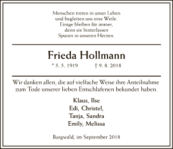Traueranzeige von Frieda Hollmann von HNA