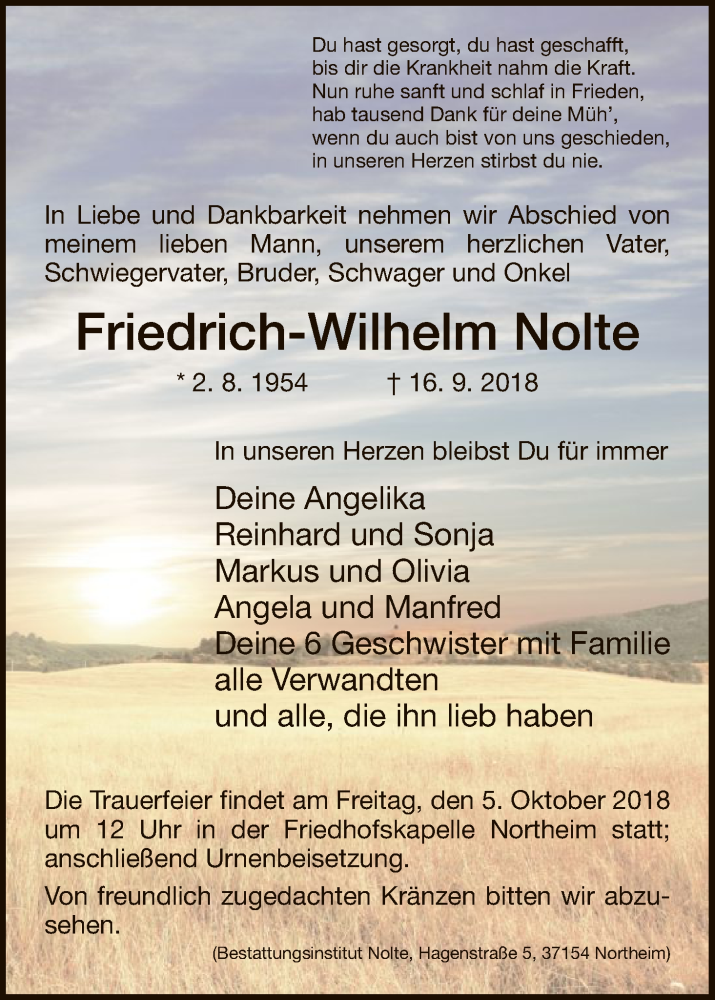  Traueranzeige für Friedrich-Wilhelm Nolte vom 22.09.2018 aus HNA