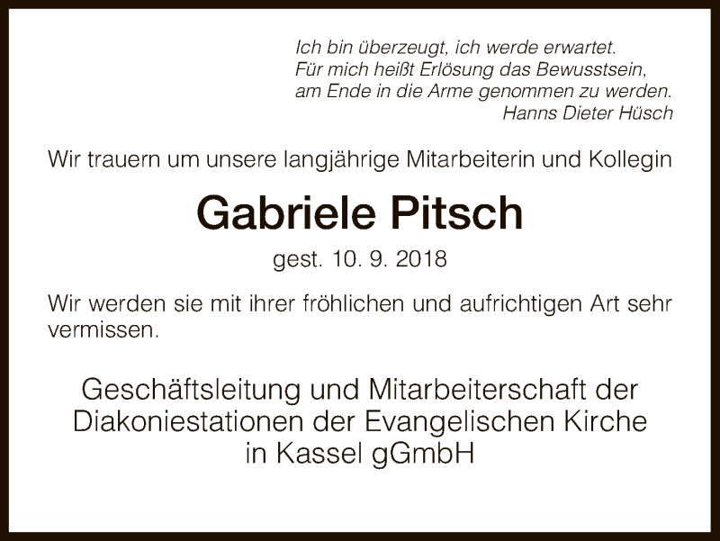  Traueranzeige für Gabriele Pitsch vom 15.09.2018 aus HNA