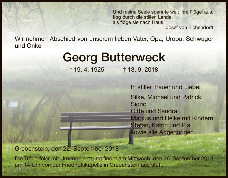  Traueranzeige für Georg Butterweck vom 22.09.2018 aus HNA