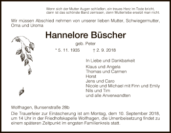 Traueranzeige von Hannelore Büscher von HNA