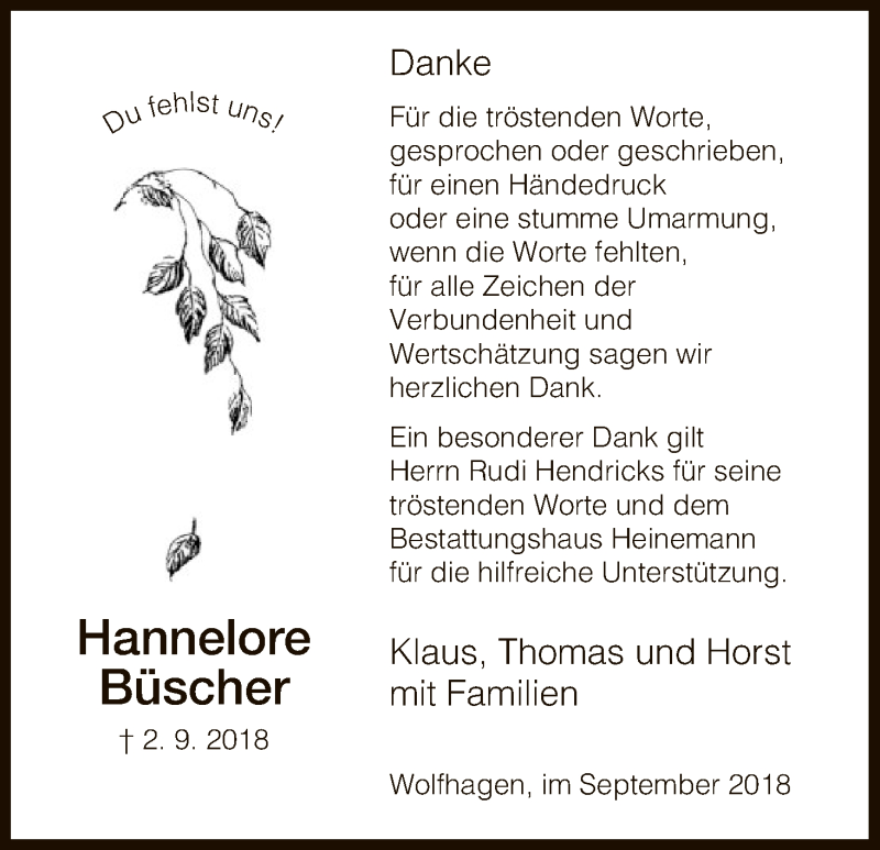  Traueranzeige für Hannelore Büscher vom 22.09.2018 aus HNA