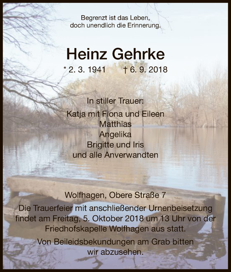  Traueranzeige für Heinz Gehrke vom 22.09.2018 aus HNA