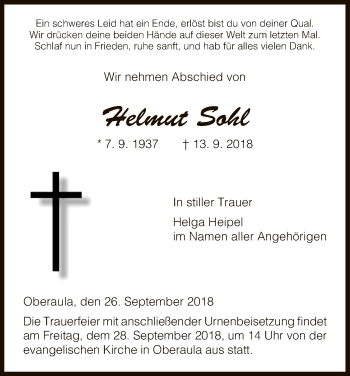 Traueranzeige von Helmut Sohl von HNA