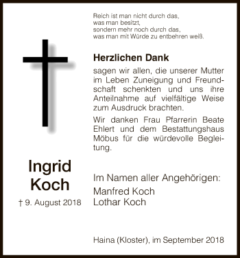 Traueranzeige von Ingrid Koch von HNA