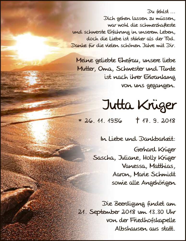  Traueranzeige für Jutta Krüger vom 19.09.2018 aus HNA