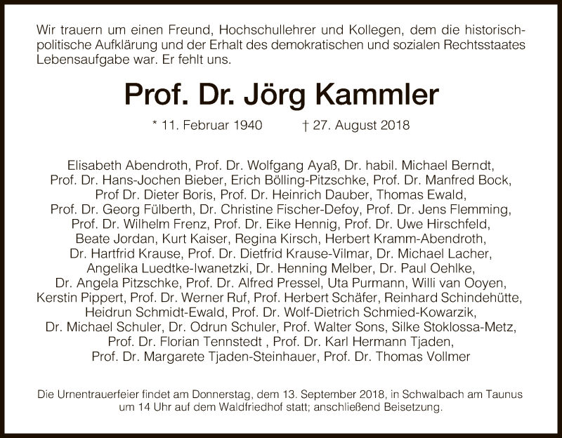  Traueranzeige für Jörg Kammler vom 08.09.2018 aus HNA