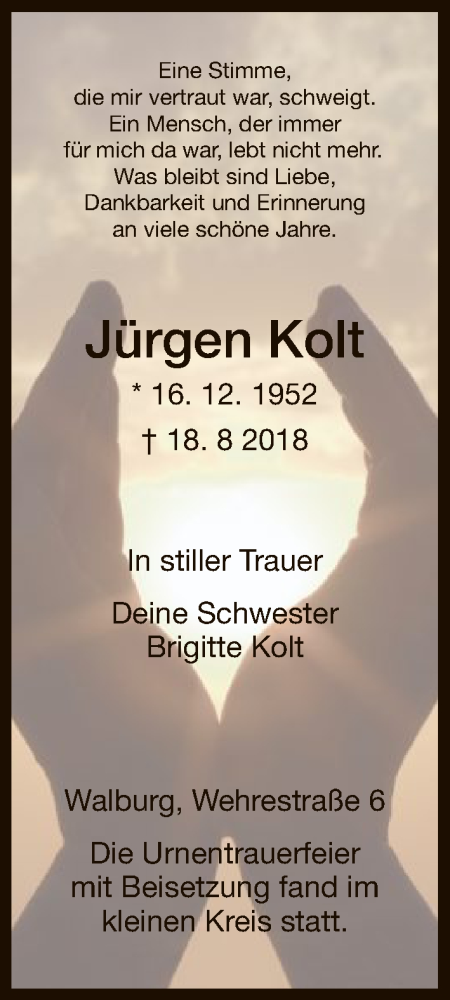  Traueranzeige für Jürgen Kolt vom 01.09.2018 aus HNA