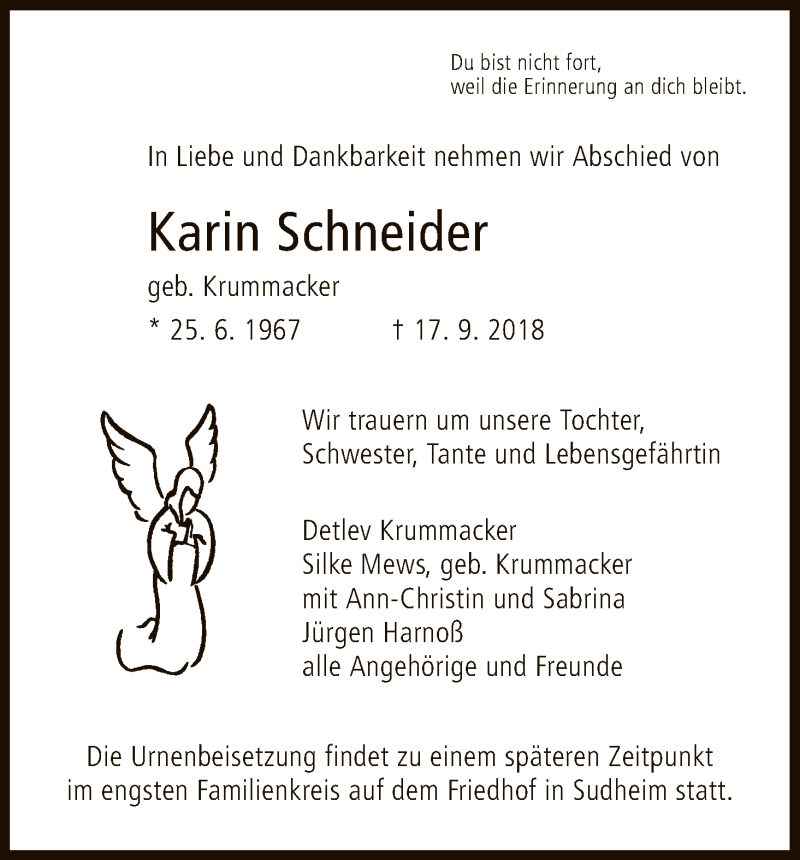  Traueranzeige für Karin Schneider vom 29.09.2018 aus HNA