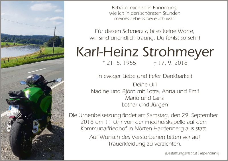  Traueranzeige für Karl-Heinz Strohmeyer vom 22.09.2018 aus HNA