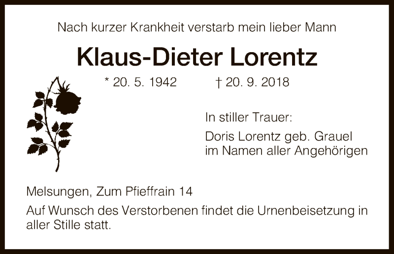  Traueranzeige für Klaus-Dieter Lorentz vom 25.09.2018 aus HNA
