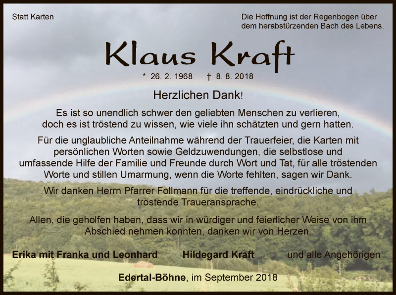  Traueranzeige für Klaus Kraft vom 15.09.2018 aus HNA