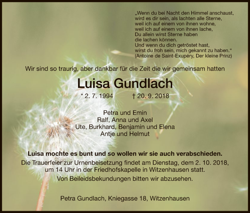  Traueranzeige für Luisa Gundlach vom 29.09.2018 aus HNA