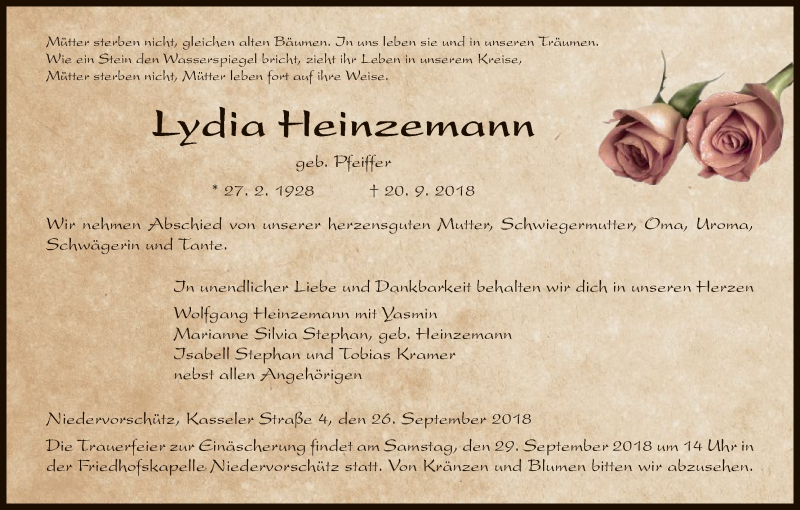  Traueranzeige für Lydia Heinzemann vom 26.09.2018 aus HNA