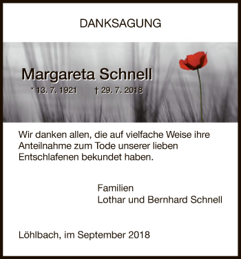 Traueranzeige von Margareta Schnell von HNA