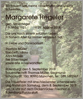 Traueranzeige von Margarete Hegeler von HNA
