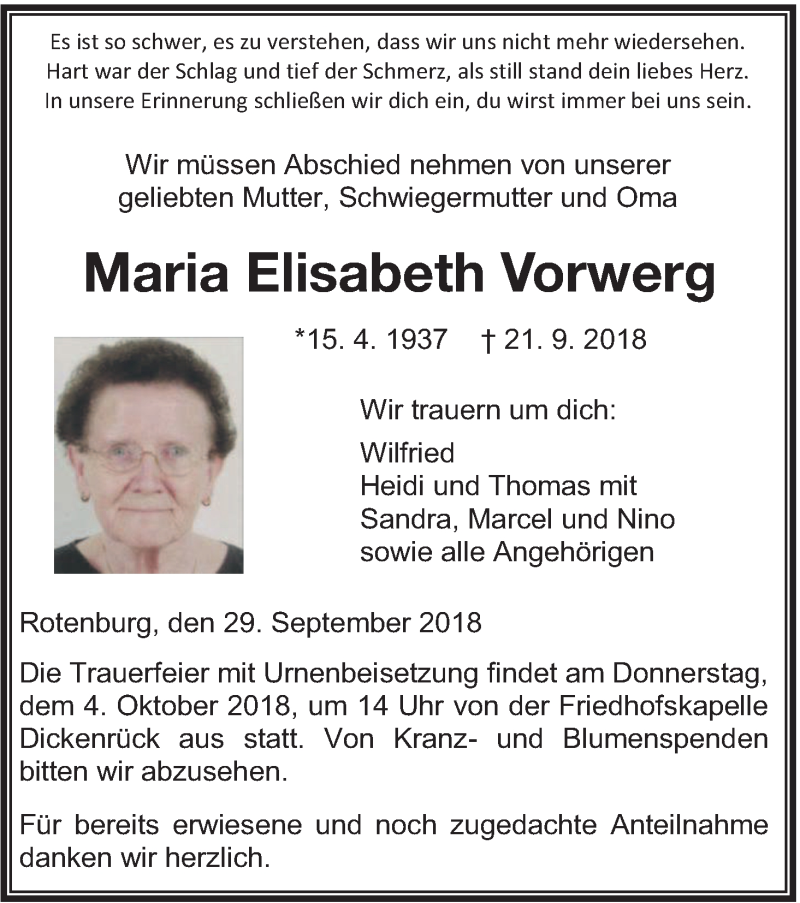  Traueranzeige für Maria Elisabeth Vorwerg vom 29.09.2018 aus etm