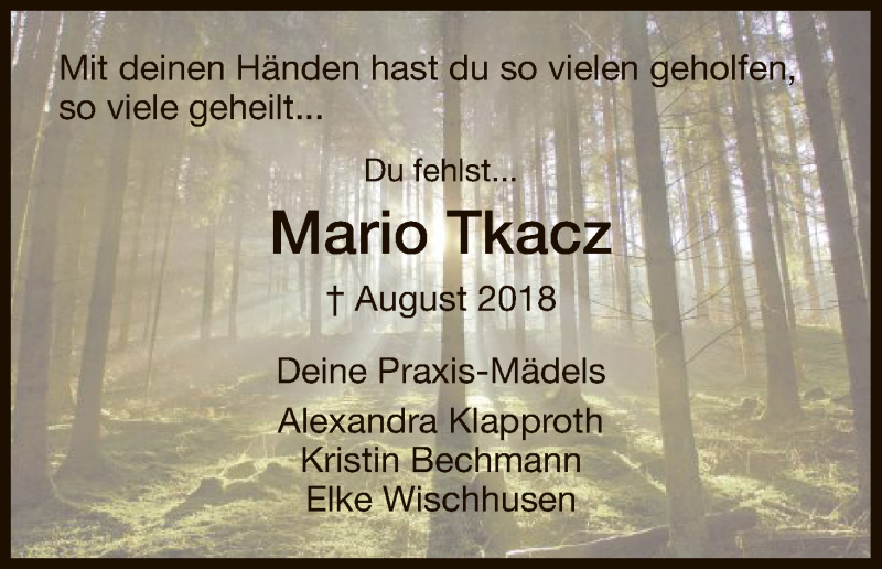 Traueranzeige für Mario Tkacz vom 05.09.2018 aus HNA