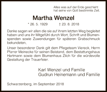 Traueranzeige von Martha Wenzel von HNA