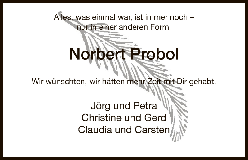  Traueranzeige für Norbert Probol vom 13.09.2018 aus HNA