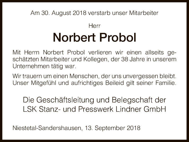  Traueranzeige für Norbert Probol vom 14.09.2018 aus HNA