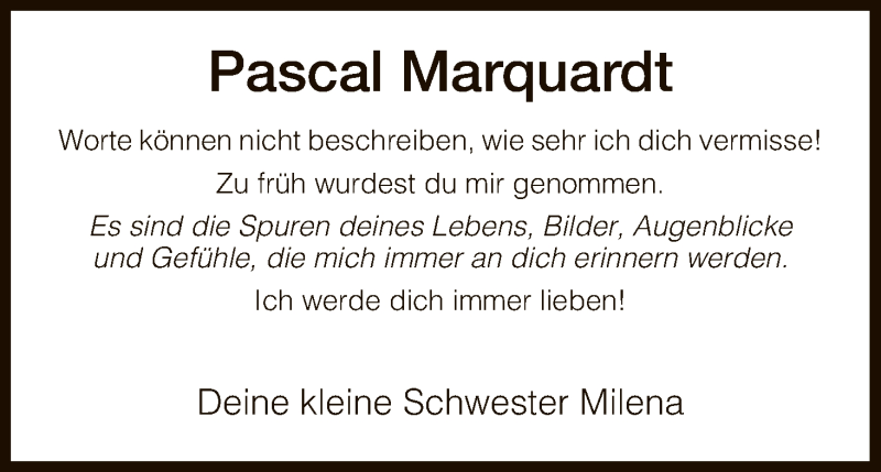  Traueranzeige für Pascal Marquardt vom 06.09.2018 aus HNA