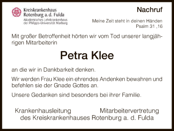 Traueranzeige von Petra Klee von HNA