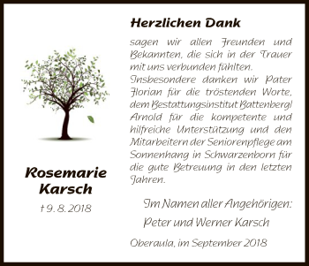 Traueranzeige von Rosemarie Karsch von HNA