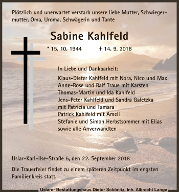 Traueranzeige von Sabine Kahlfeld von HNA