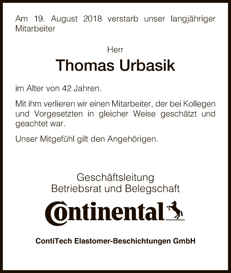  Traueranzeige für Thomas Urbasik vom 08.09.2018 aus HNA