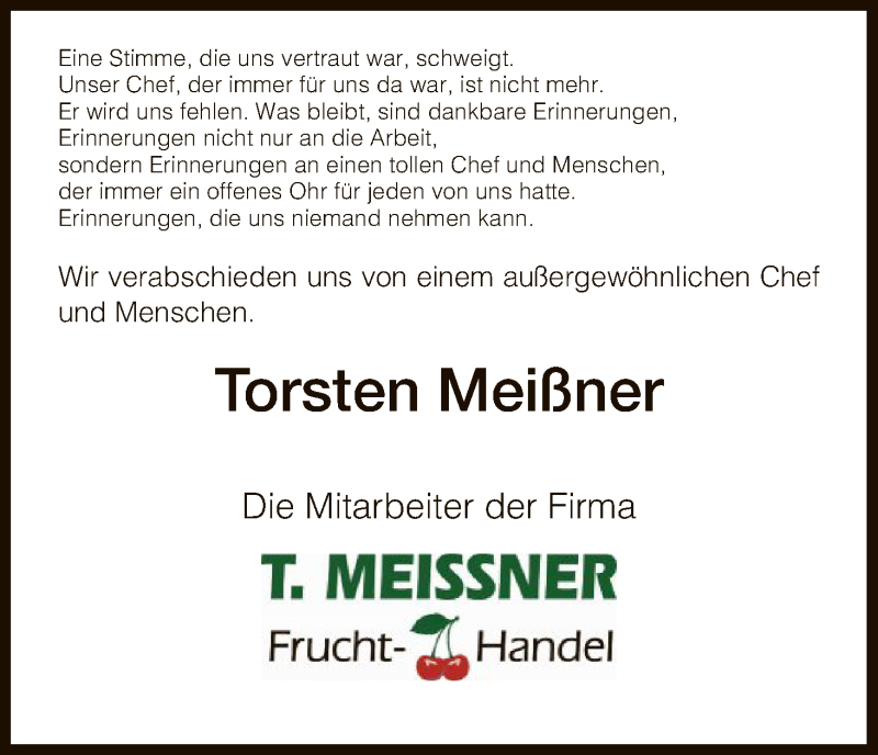 Traueranzeige für Torsten Meißner vom 01.09.2018 aus HNA