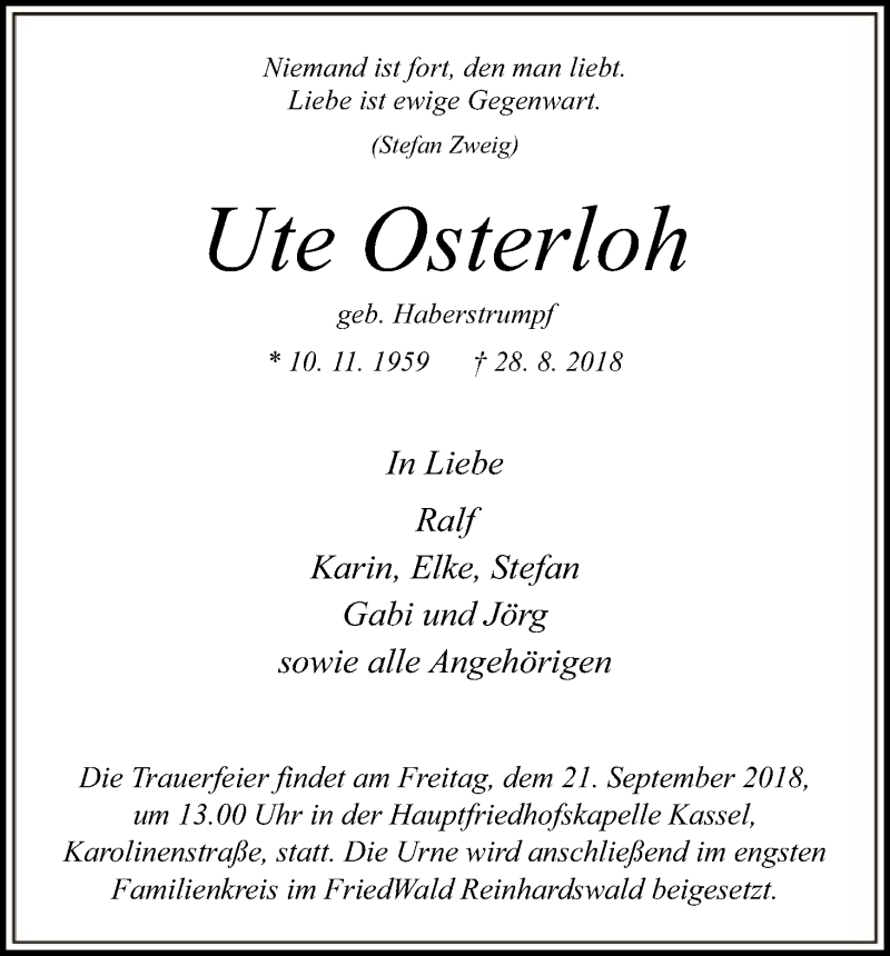  Traueranzeige für Ute Osterloh vom 14.09.2018 aus HNA
