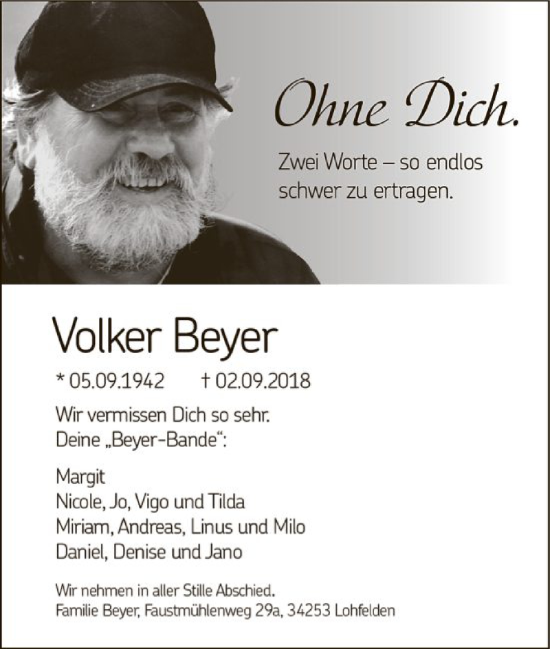  Traueranzeige für Volker Beyer vom 15.09.2018 aus HNA