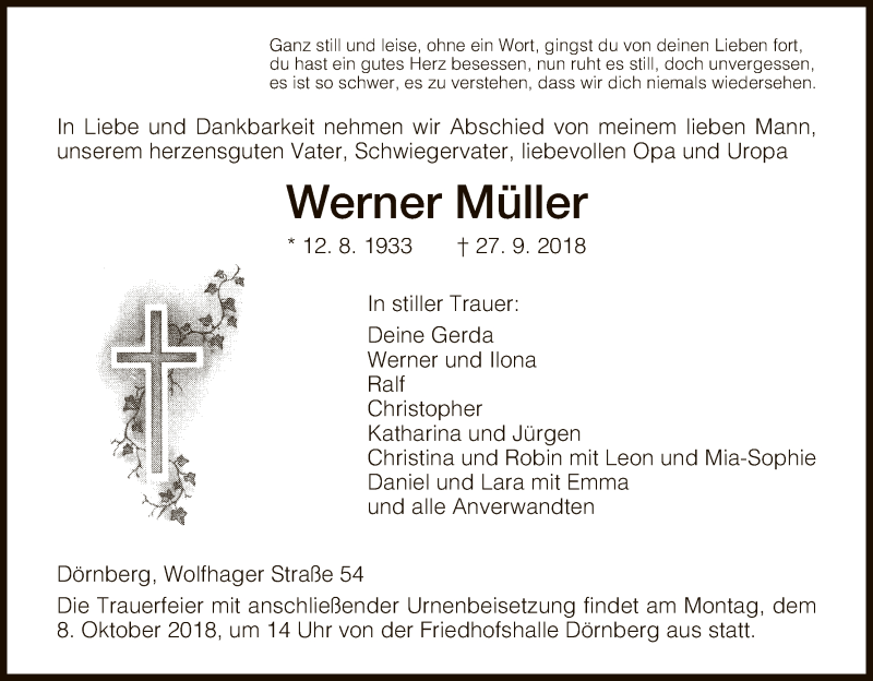  Traueranzeige für Werner Müller vom 29.09.2018 aus HNA