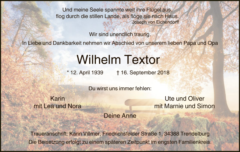  Traueranzeige für Wilhelm Textor vom 22.09.2018 aus HNA