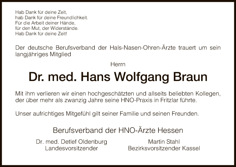  Traueranzeige für Wolfgang Braun vom 29.09.2018 aus HNA