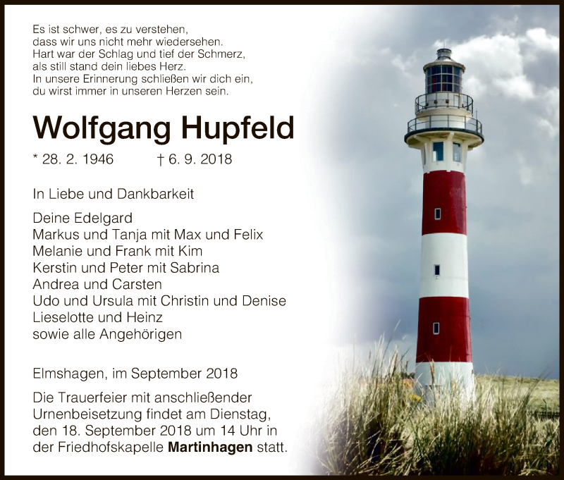  Traueranzeige für Wolfgang Hupfeld vom 12.09.2018 aus HNA