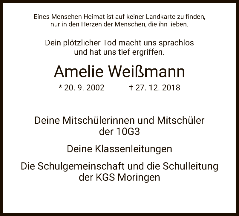  Traueranzeige für Amelie Weißmann vom 03.01.2019 aus HNA