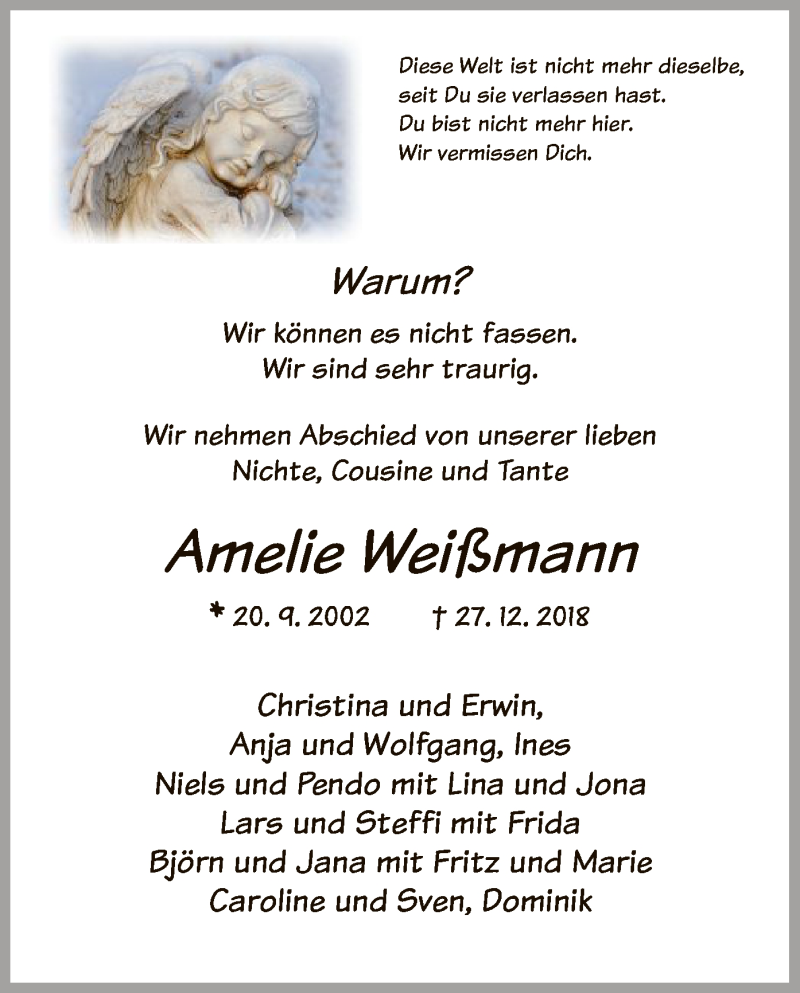  Traueranzeige für Amelie Weißmann vom 03.01.2019 aus HNA