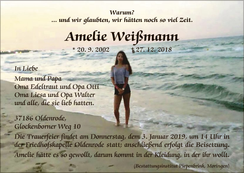  Traueranzeige für Amelie Weißmann vom 31.12.2018 aus HNA