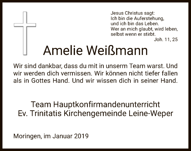  Traueranzeige für Amelie Weißmann vom 02.01.2019 aus HNA