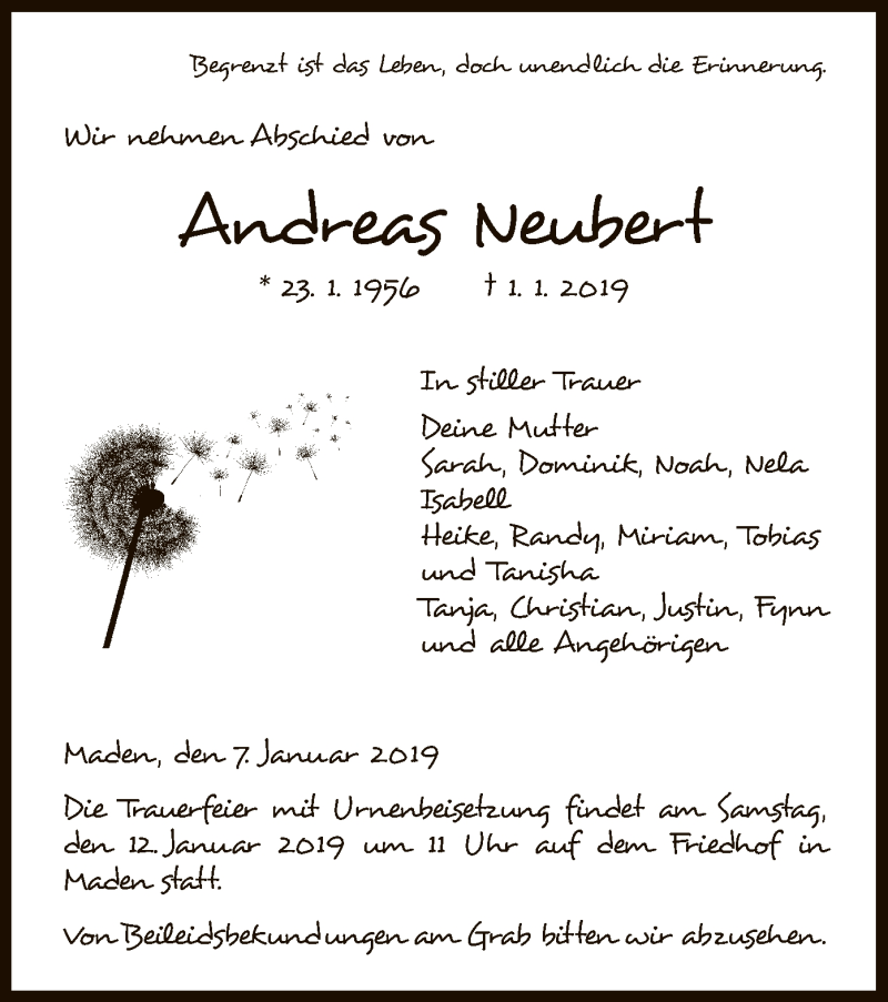  Traueranzeige für Andreas Neubert vom 07.01.2019 aus HNA